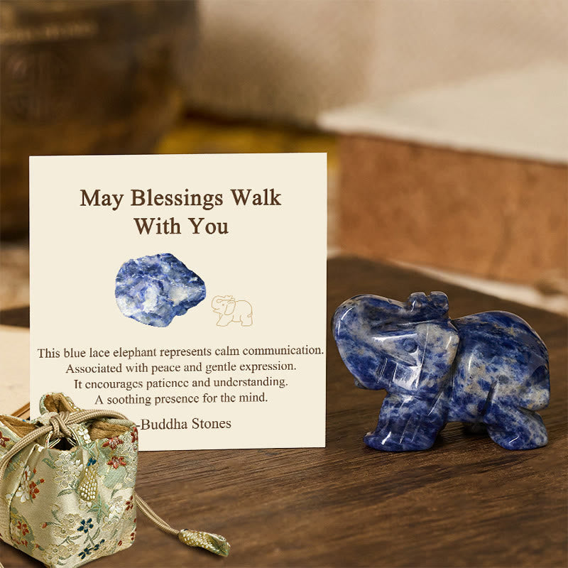 Buddha Stones ''May Blessings Walk With You'' Natural Small Elephant Amazonite Amethyst Jade Black Obsidian Stone Decoration Includes Gift Message Card