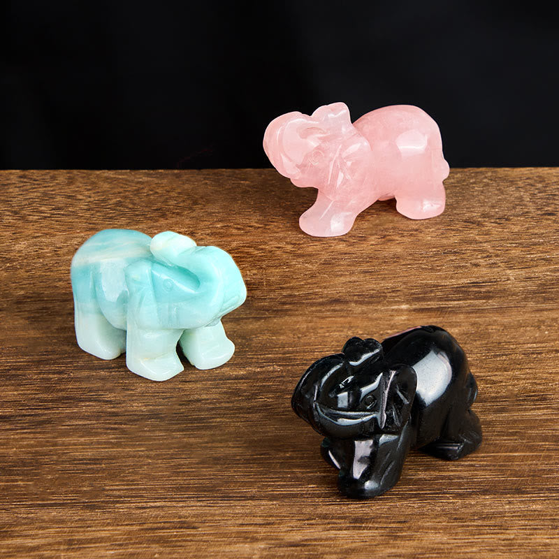 Buddha Stones ''May Blessings Walk With You'' Natural Small Elephant Amazonite Amethyst Jade Black Obsidian Stone Decoration Includes Gift Message Card