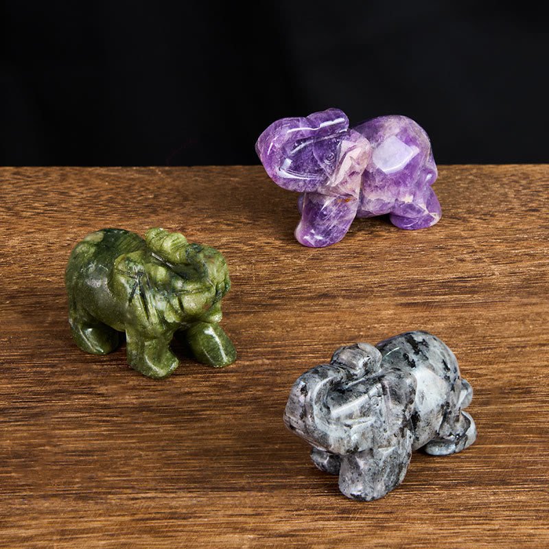 Buddha Stones ''May Blessings Walk With You'' Natural Small Elephant Amazonite Amethyst Jade Black Obsidian Stone Decoration Includes Gift Message Card