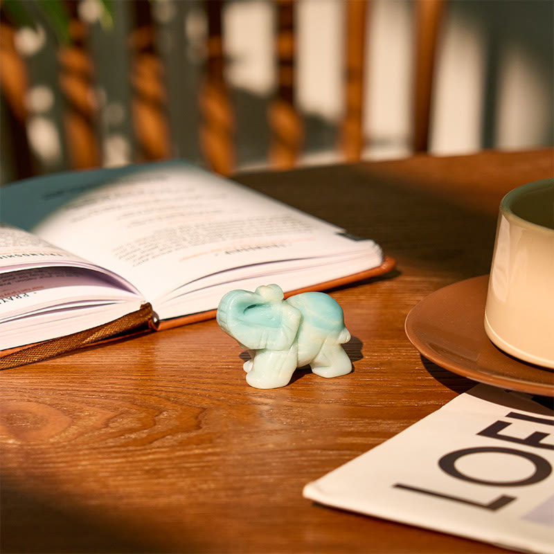 Buddha Stones ''May Blessings Walk With You'' Natural Small Elephant Amazonite Amethyst Jade Black Obsidian Stone Decoration Includes Gift Message Card