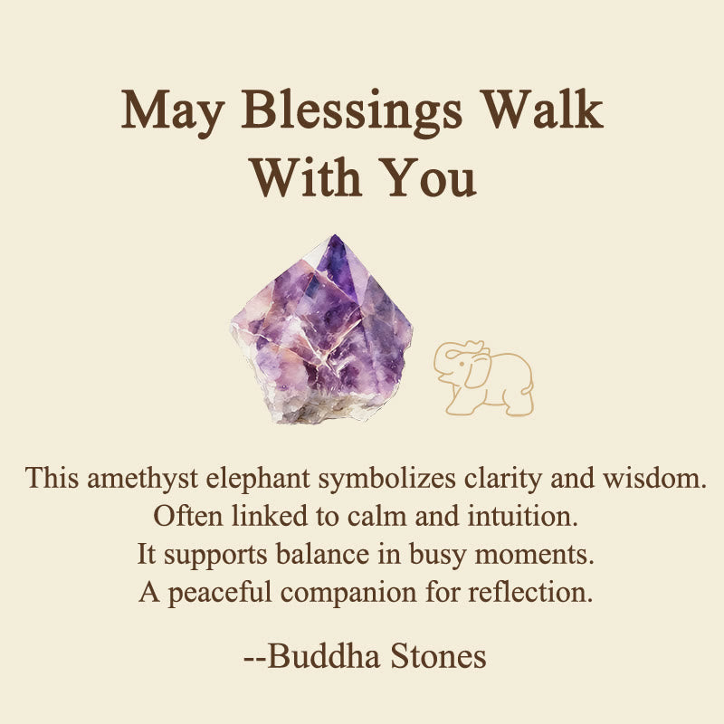 Buddha Stones ''May Blessings Walk With You'' Natural Small Elephant Amazonite Amethyst Jade Black Obsidian Stone Decoration Includes Gift Message Card