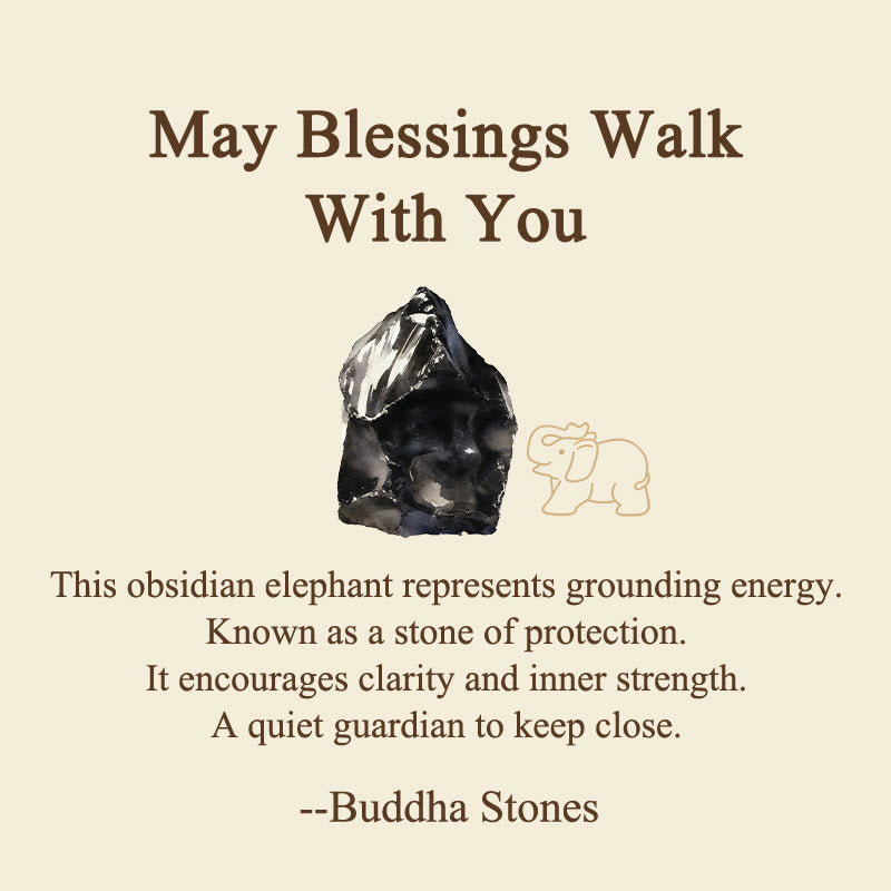 Buddha Stones ''May Blessings Walk With You'' Natural Small Elephant Amazonite Amethyst Jade Black Obsidian Stone Decoration Includes Gift Message Card