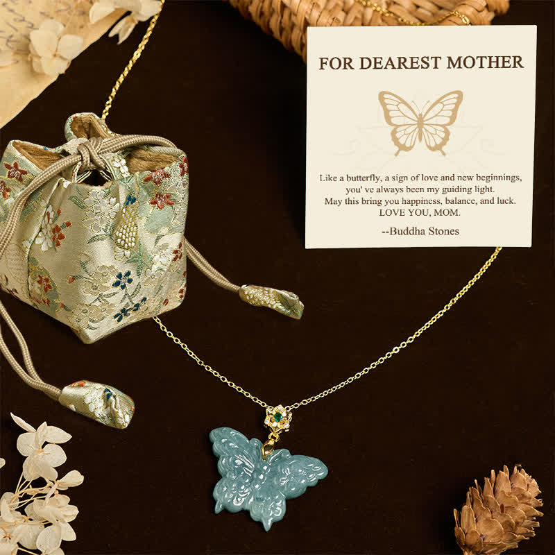 Buddha Stones FOR DEAREST MOTHER Jade Butterfly Abundance Necklace Pendants Includes Gift Message Card