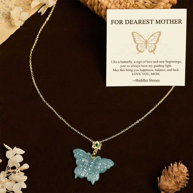 Buddha Stones FOR DEAREST MOTHER Jade Butterfly Abundance Necklace Pendants Includes Gift Message Card