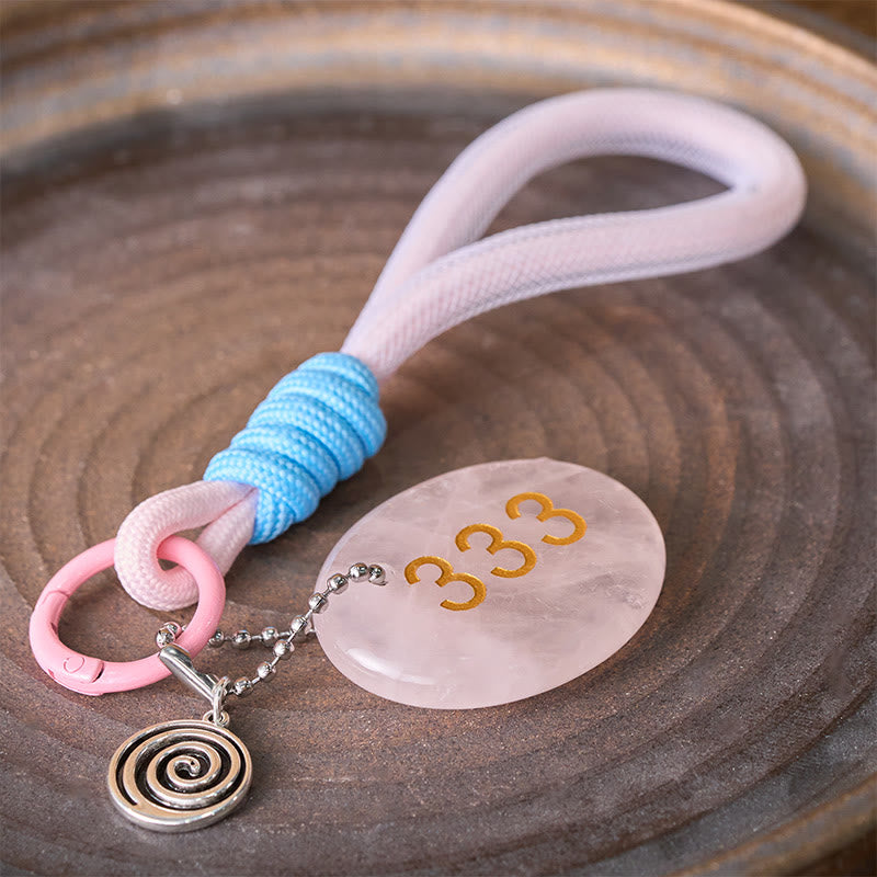 Buddha Stones Wishing Guidance and Strength 333 Angel Number Natural Rose Quartz Key Chain Hanging Decoration Includes Gift Message Card