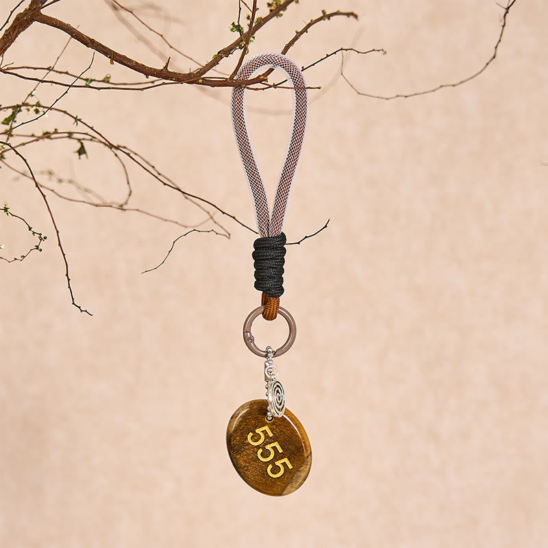 Buddha Stones Wishing Positive Change and Freedom 555 Angel Number Natural Tiger Eye Key Chain Hanging Decoration Includes Gift Message Card