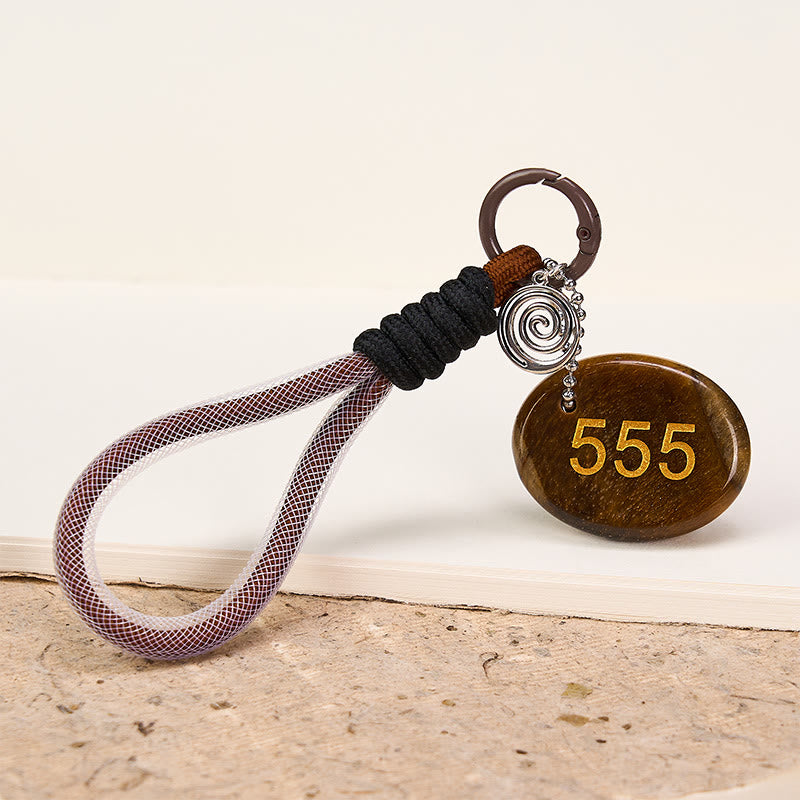 Buddha Stones Wishing Positive Change and Freedom 555 Angel Number Natural Tiger Eye Key Chain Hanging Decoration Includes Gift Message Card