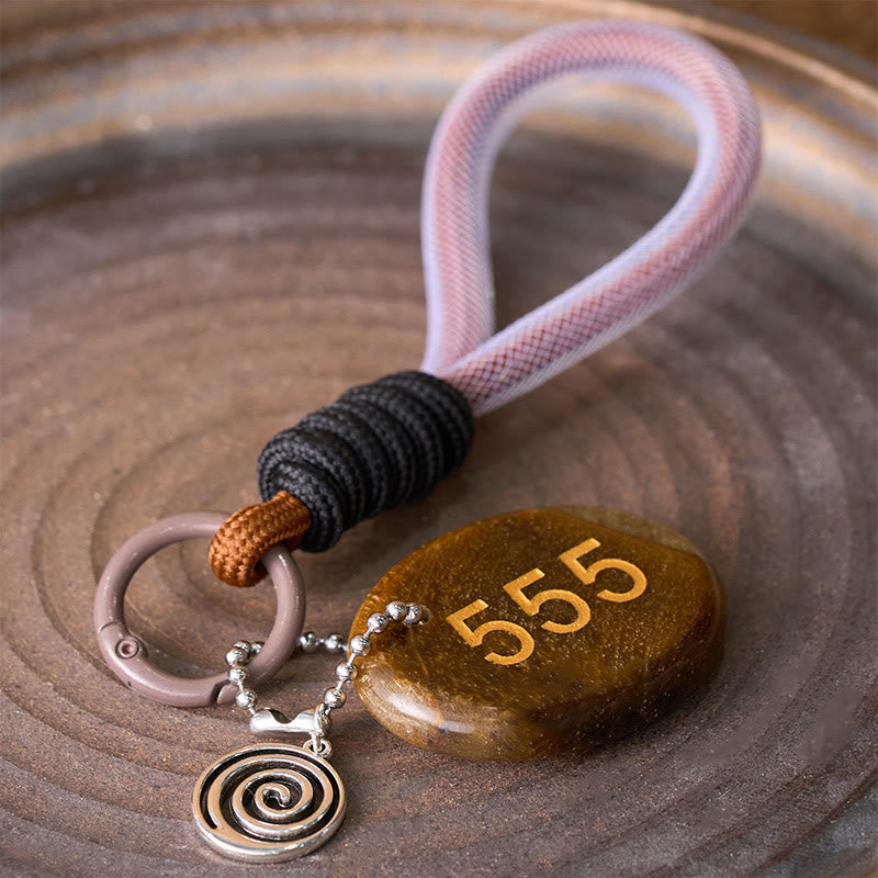 Buddha Stones Wishing Positive Change and Freedom 555 Angel Number Natural Tiger Eye Key Chain Hanging Decoration Includes Gift Message Card