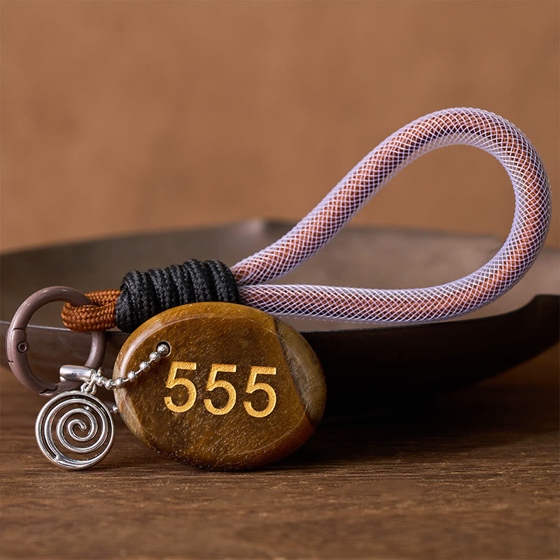Buddha Stones Wishing Positive Change and Freedom 555 Angel Number Natural Tiger Eye Key Chain Hanging Decoration Includes Gift Message Card