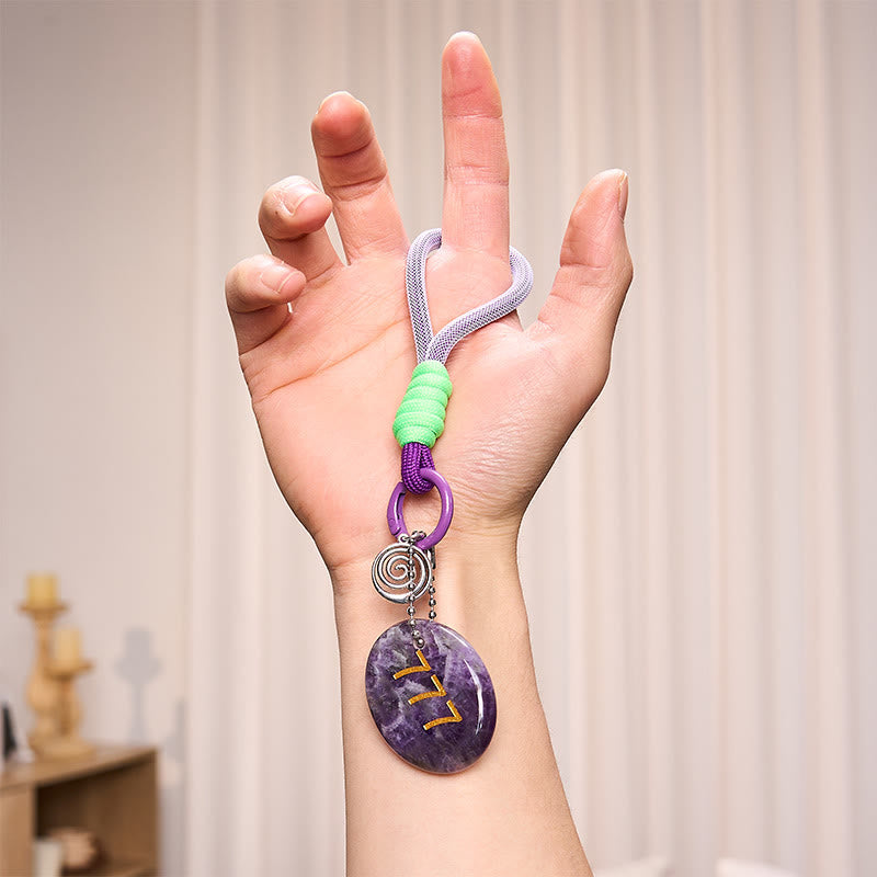 Buddha Stones Step Into Luck and Wisdom 777 Angel Number Natural Amethyst Key Chain Hanging Decoration Includes Gift Message Card