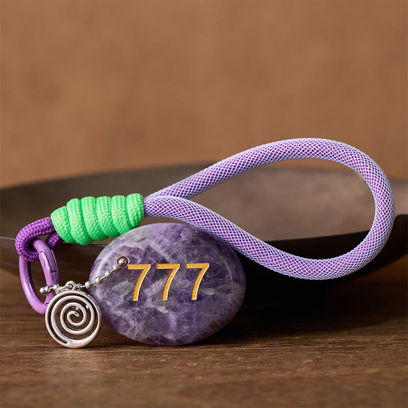 Buddha Stones Step Into Luck and Wisdom 777 Angel Number Natural Amethyst Key Chain Hanging Decoration Includes Gift Message Card