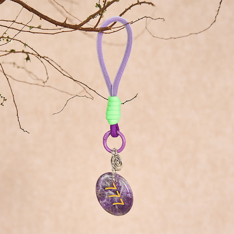 Buddha Stones Step Into Luck and Wisdom 777 Angel Number Natural Amethyst Key Chain Hanging Decoration Includes Gift Message Card