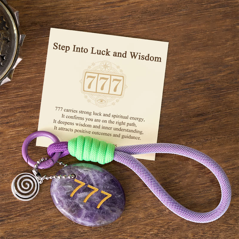 Buddha Stones Step Into Luck and Wisdom 777 Angel Number Natural Amethyst Key Chain Hanging Decoration Includes Gift Message Card