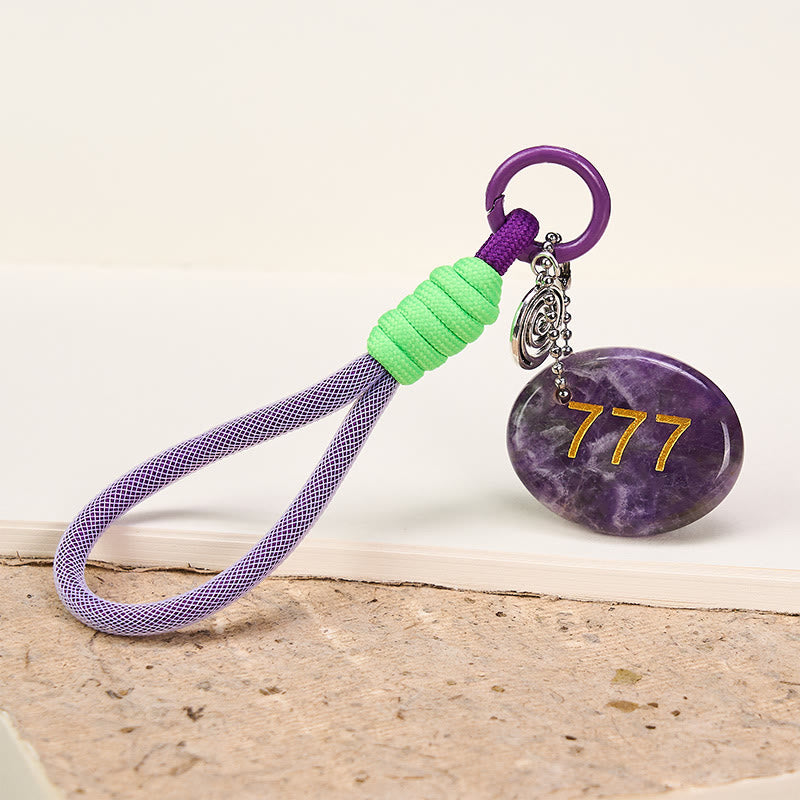 Buddha Stones Step Into Luck and Wisdom 777 Angel Number Natural Amethyst Key Chain Hanging Decoration Includes Gift Message Card