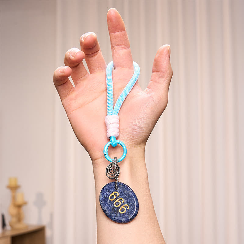 Buddha Stones Wishing Balance and Inner Peace 666 Angel Number Natural Sodalite Key Chain Hanging Decoration Includes Gift Message Card