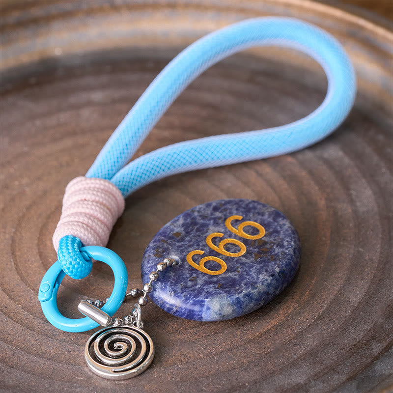 Buddha Stones Wishing Balance and Inner Peace 666 Angel Number Natural Sodalite Key Chain Hanging Decoration Includes Gift Message Card