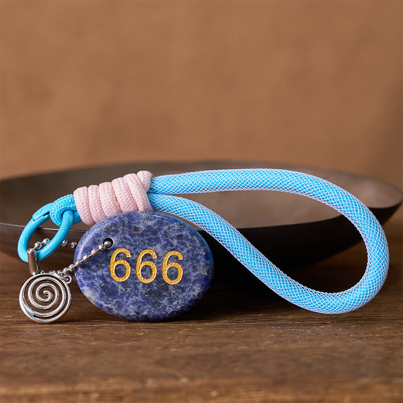 Buddha Stones Wishing Balance and Inner Peace 666 Angel Number Natural Sodalite Key Chain Hanging Decoration Includes Gift Message Card