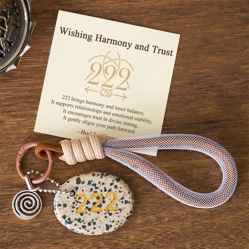 Buddha Stones Wishing Harmony and Trust 222 Angel Number Natural Dalmatian Jasper Key Chain Hanging Decoration Includes Gift Message Card
