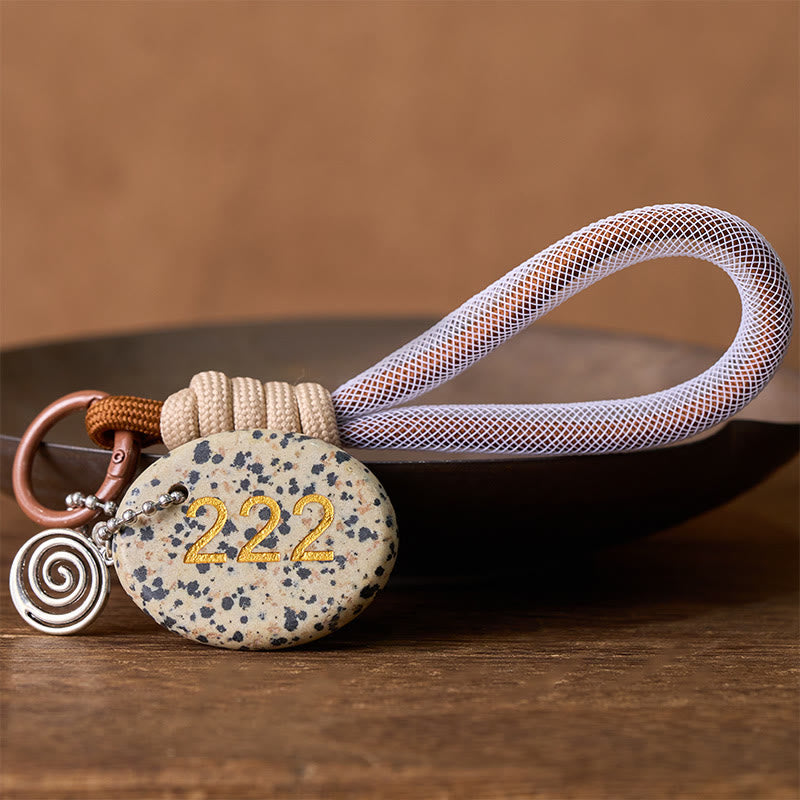 Buddha Stones Wishing Harmony and Trust 222 Angel Number Natural Dalmatian Jasper Key Chain Hanging Decoration Includes Gift Message Card