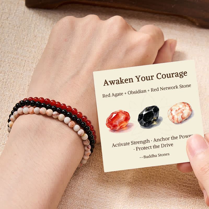 Buddha Stones 3pcs Awaken Your Courage Red Agate Calm Bracelet Includes Gift Message Card