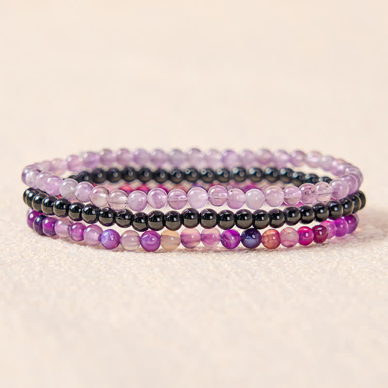 Buddha Stones 3pcs Protect Your Inner Calm Purple Striped Agate Bracelet Includes Gift Message Card