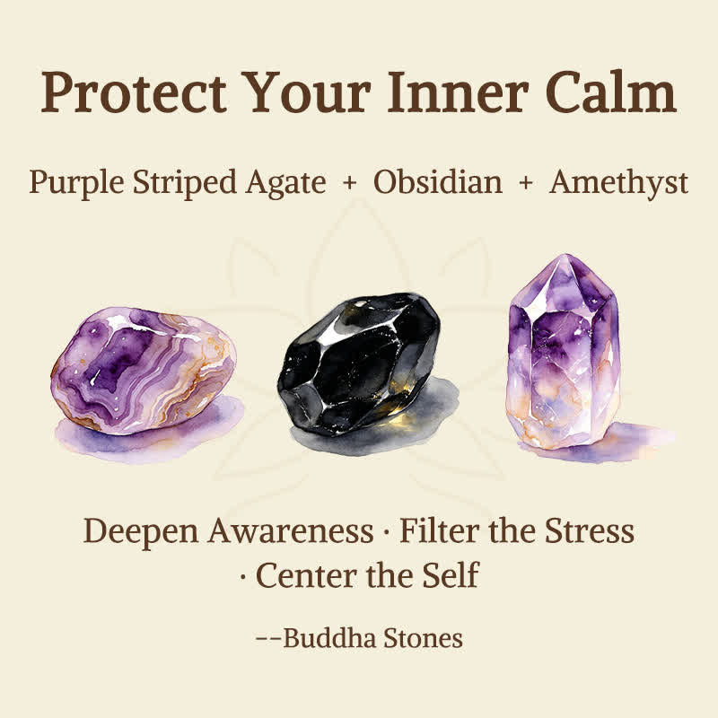 Buddha Stones 3pcs Protect Your Inner Calm Purple Striped Agate Bracelet Includes Gift Message Card