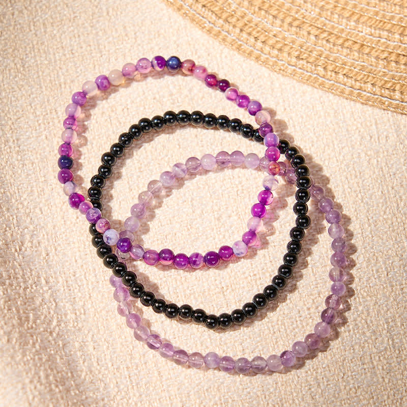 Buddha Stones 3pcs Protect Your Inner Calm Purple Striped Agate Bracelet Includes Gift Message Card