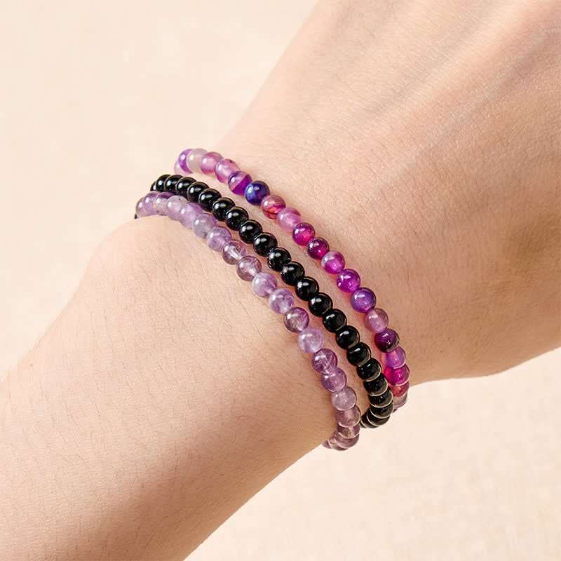 Buddha Stones 3pcs Protect Your Inner Calm Purple Striped Agate Bracelet Includes Gift Message Card