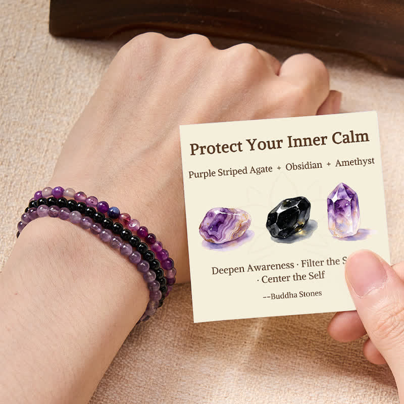 Buddha Stones 3pcs Protect Your Inner Calm Purple Striped Agate Bracelet Includes Gift Message Card
