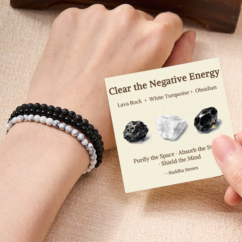 Buddha Stones 3pcs Clear the Negative Energy Lava Rock Support Bracelet Includes Gift Message Card