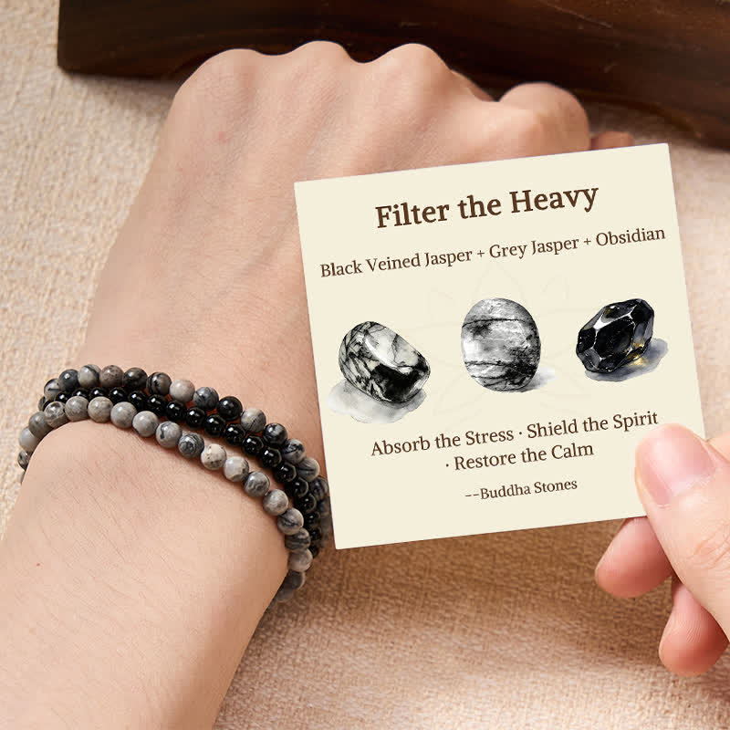 Buddha Stones 3pcs Filter the Heavy Black Veined Strength Bracelet Includes Gift Message Card