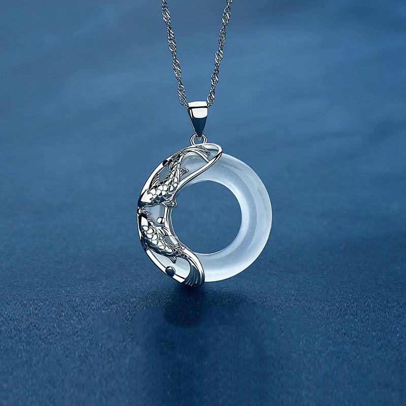 Buddha Stones Wishing Luck and Prosperity White Jade Koi Fish Necklace Includes Gift Message Card