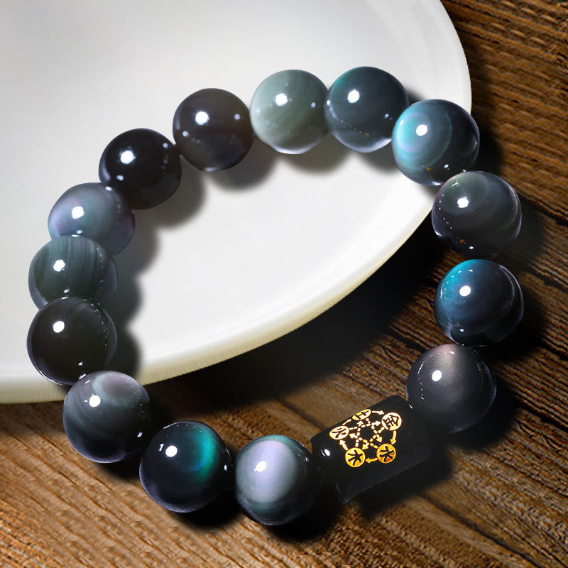 Buddha Stones Sending Balance and Protection Rainbow Obsidian Bracelet Includes Gift Message Card