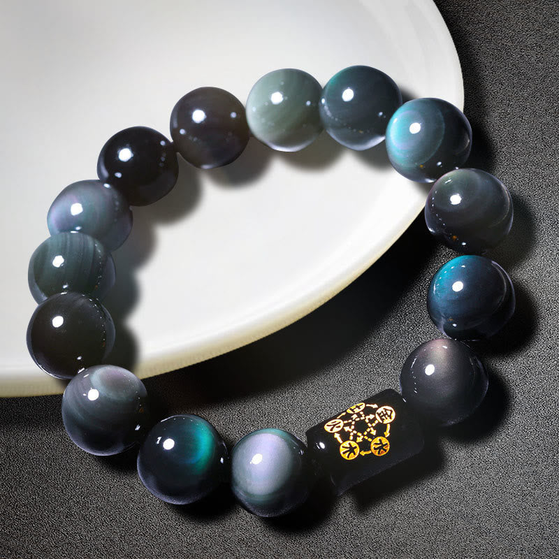 Buddha Stones Sending Balance and Protection Rainbow Obsidian Bracelet Includes Gift Message Card