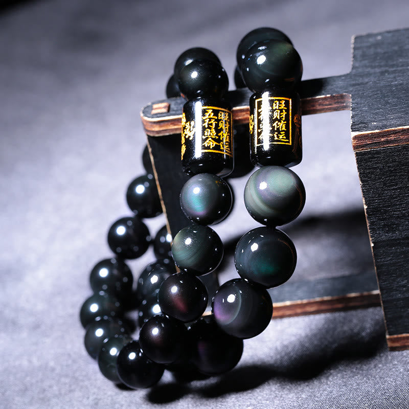 Buddha Stones Sending Balance and Protection Rainbow Obsidian Bracelet Includes Gift Message Card