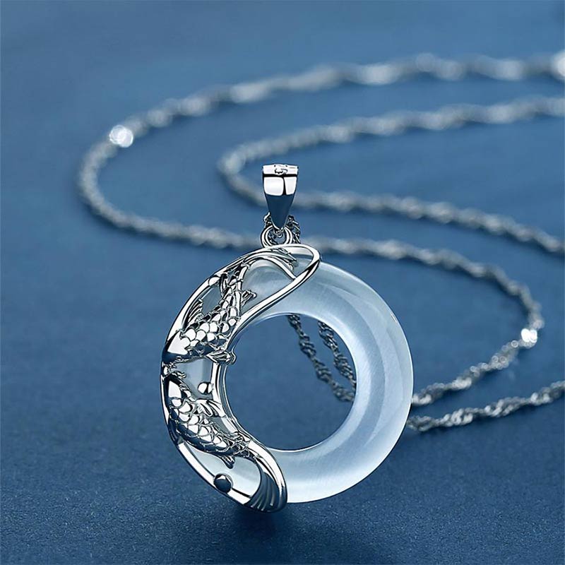 Buddha Stones Wishing Luck and Prosperity White Jade Koi Fish Necklace Includes Gift Message Card
