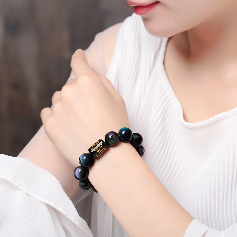 Buddha Stones Sending Balance and Protection Rainbow Obsidian Bracelet Includes Gift Message Card