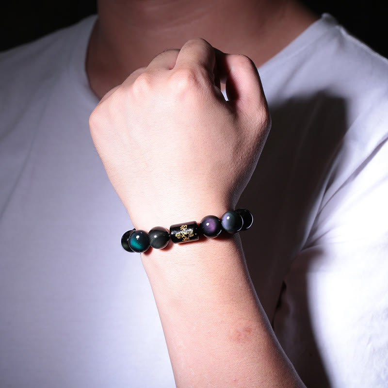 Buddha Stones Sending Balance and Protection Rainbow Obsidian Bracelet Includes Gift Message Card
