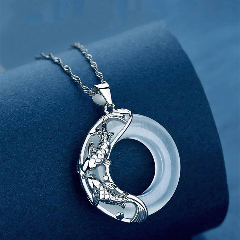 Buddha Stones Wishing Luck and Prosperity White Jade Koi Fish Necklace Includes Gift Message Card
