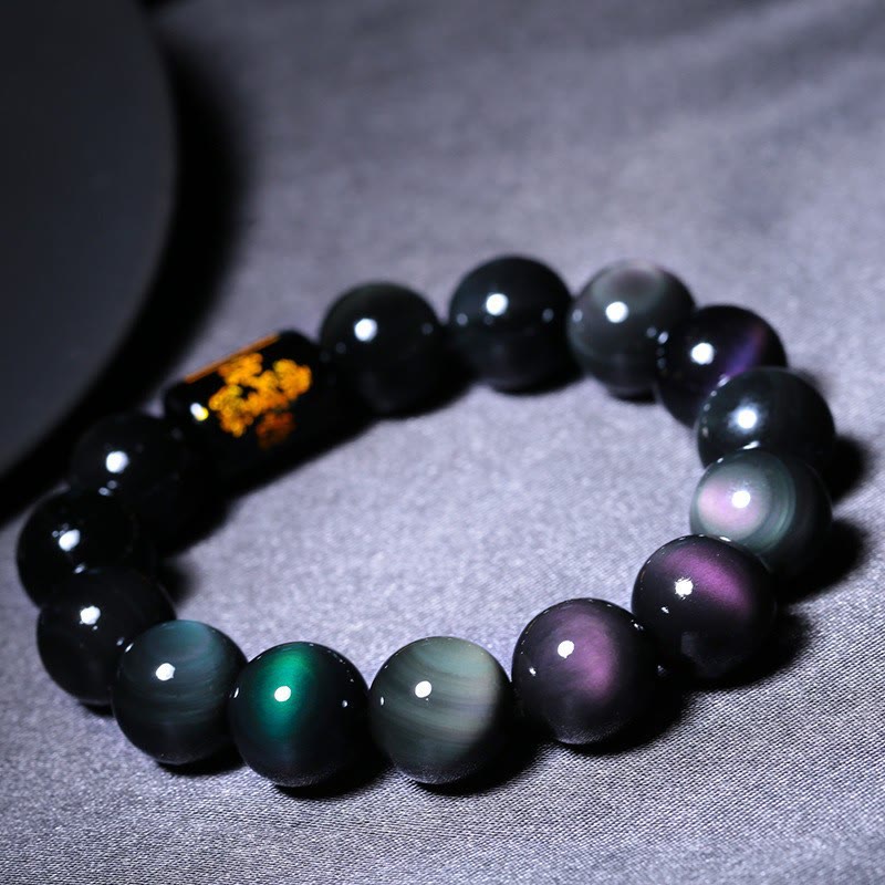 Buddha Stones Sending Balance and Protection Rainbow Obsidian Bracelet Includes Gift Message Card