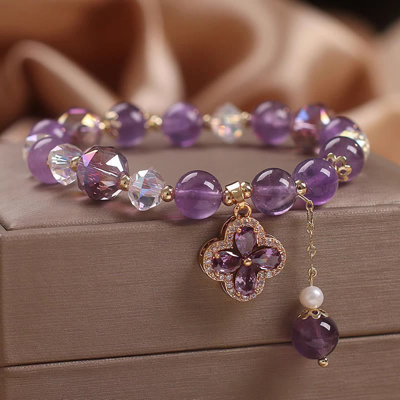 Buddha Stones All the best for Calm and Wisdom Amethyst Flower Bracelet Includes Gift Message Card